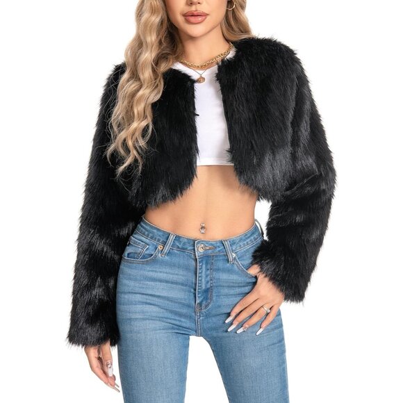Women Black Cropped Fur Coat for Faux Furry Long Sleeve Cropped Fluffy Jacket - Picture 1 of 6